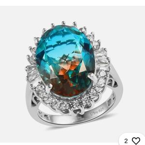 🆕️ 13.50ctw Aqua Terra Costa Quartz  & Zircon Ring Platinum over 925 SS